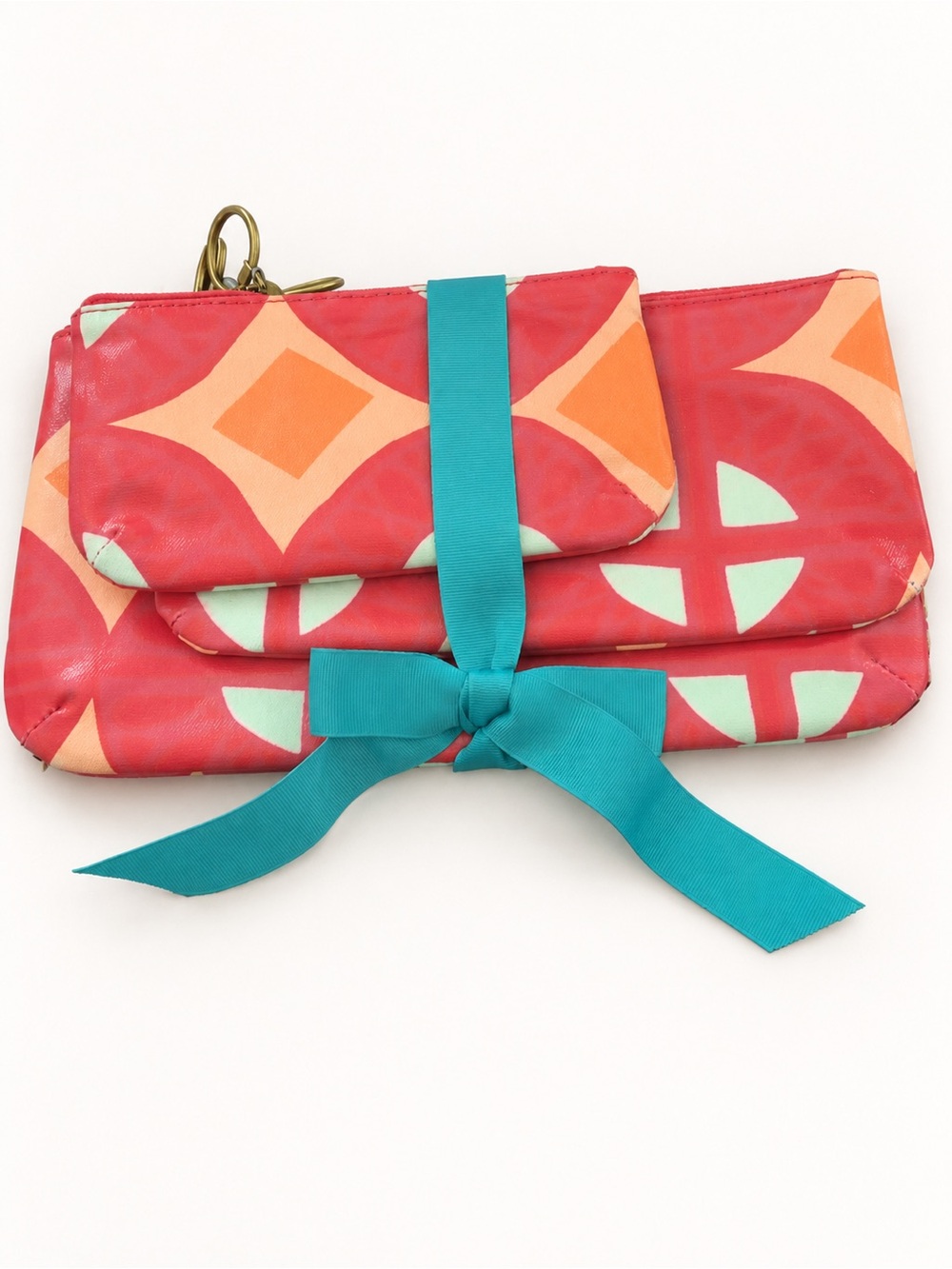 Fossil Red Geometric Cosmetic Clutch with Teal Ribbon